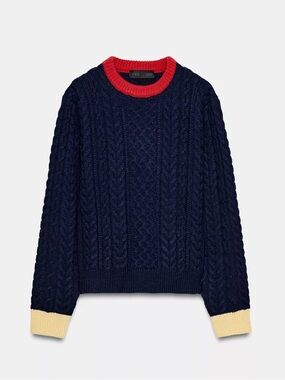 Navy Cable Knit Sweater with Red Neckline and Cream Cuffs